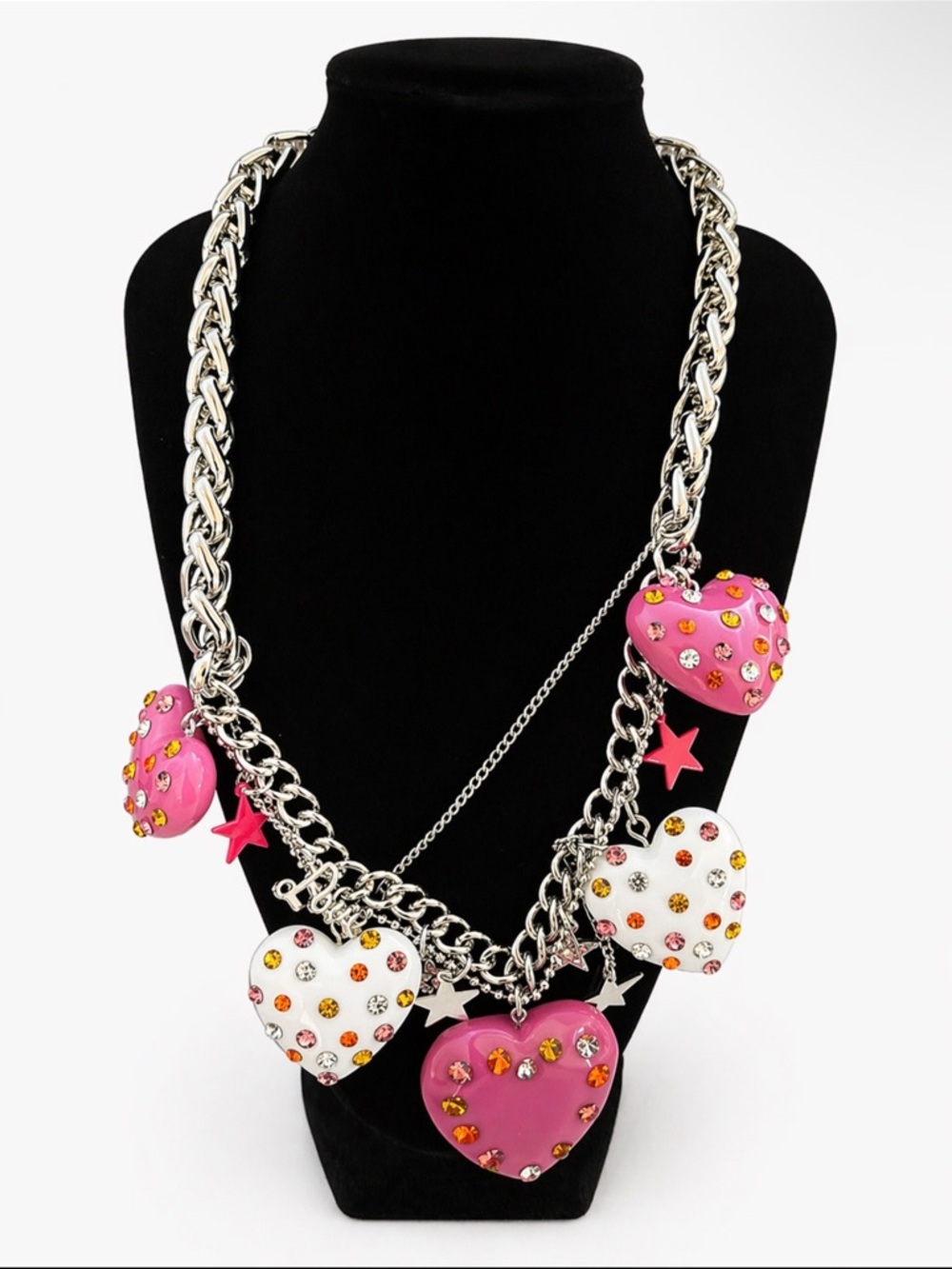 Y2K Pink Rhinestone Heart Charm Statement Necklace | Chunky Chain